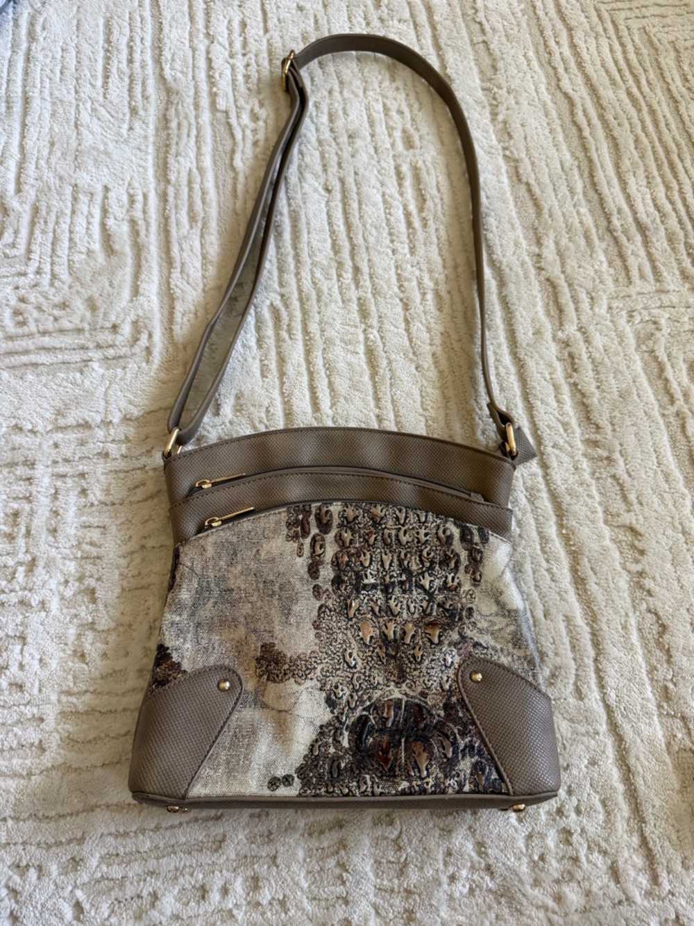 Karl Lagerfeld Paris Snakeskin Print Crossbody Bag Taupe Neutral Gold Hardware